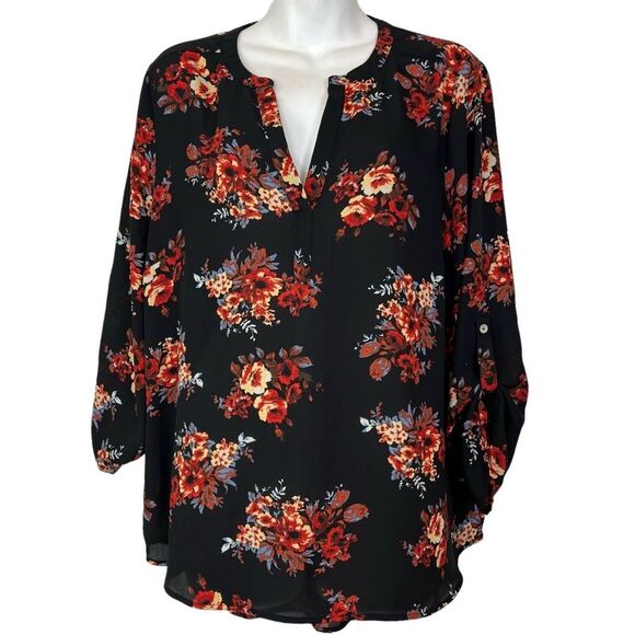DANIEL RAINN Black Red Floral V-Neck Long Sleeve Oversized Loose Fit sz L Large - Picture 1 of 16